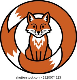 A stylized illustration of a fox sitting within a circular design, showcasing its vibrant fur and playful demeanor
