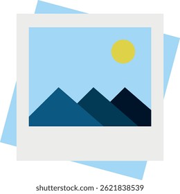 Stylized illustration of a framed landscape photo with mountains and a yellow sun against a light blue sky.