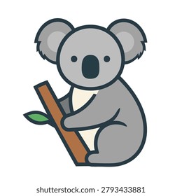 A stylized illustration of a friendly koala bear holding onto a wooden branch with green leaves.