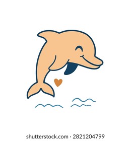 A stylized illustration of a friendly orange dolphin leaping with a small heart symbol and waves below on a white background