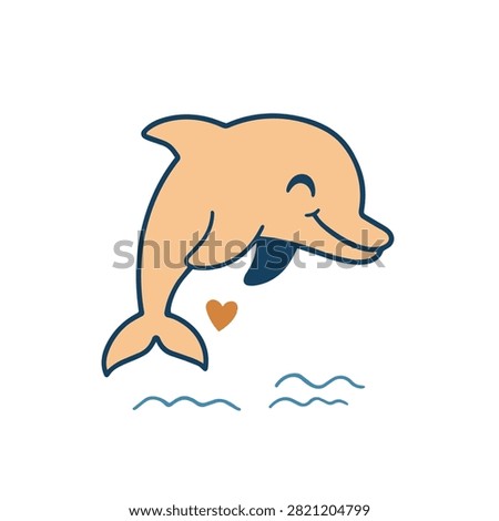 A stylized illustration of a friendly orange dolphin leaping with a small heart symbol and waves below on a white background