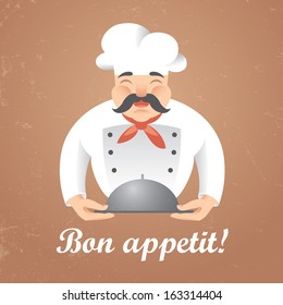 Stylized illustration of  funny chef cook holding a tray i n vector