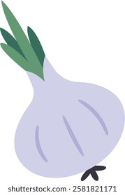 Stylized illustration of a garlic bulb with green shoots, showcasing a simple and modern design. The garlic is depicted in a flat, minimalistic style, emphasizing its organic form