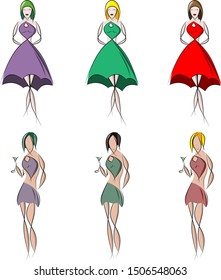 Stylized illustration of a girl in an evening dress, light outfits for the evening. Vector illustration.