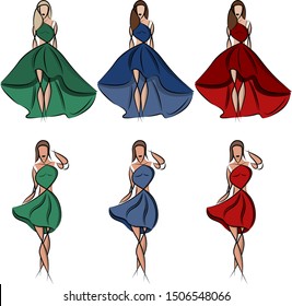 Stylized illustration of a girl in an evening dress, light outfits for the evening. Vector illustration.