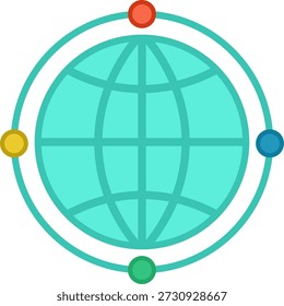 Uma ilustração estilizada de um globo com uma órbita circular e quatro nós distintamente coloridos, simbolizando conexões globais e redes de comunicação.
