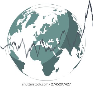 A stylized illustration of a globe showing continents like Europe, Asia, and Africa. A dark grey and purple line graph, representing stock market fluctuations, is overlaid across the globe, with sharp peaks and valleys indicating market volatility. The image is set against a white background.