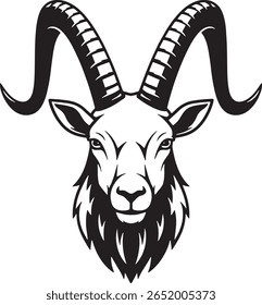 A stylized illustration of a goat's head, featuring prominent curved horns and a detailed beard.