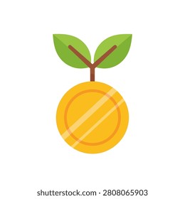 Stylized illustration of a gold coin with two green leaves sprouting from the top, symbolizing financial growth and investment.