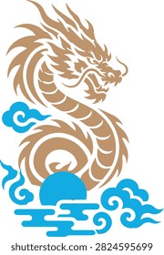 A stylized illustration of a golden dragon coiled around a blue sun and clouds, evoking a sense of power and mystique.