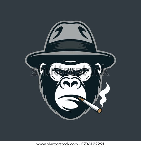 A stylized illustration of a gorilla's face wearing a hat and smoking a cigarette with a serious and tough expression, set against a dark blue or black background with bold lines and contrasting color