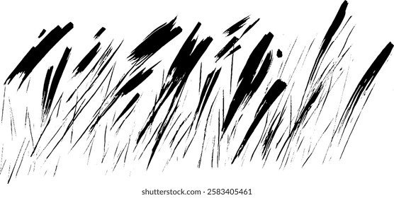 A stylized illustration of grass blades in black and white, featuring dynamic brush strokes that create a sense of movement and texture.