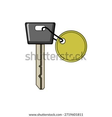 Stylized illustration of a gray and beige key with a plain round golden keychain attached, representing concepts of accommodation, access, travel, security, and hospitality