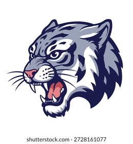 Una ilustración estilizada de la cabeza de un tigre gris, representada de perfil con la boca abierta en un rugido, revelando colmillos afilados y una lengua roja.