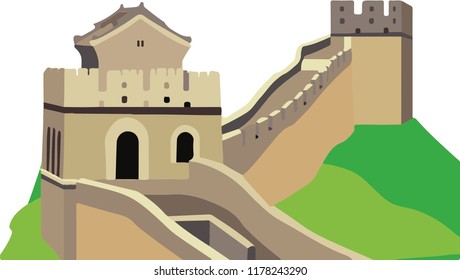 A stylized illustration of the Great Wall showcasing its historic architecture against rolling green hills. Perfect for travel and culture themes. Cartoon-liked