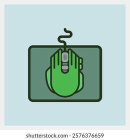 Stylized illustration of a green computer mouse on a dark green mouse pad against a light blue background