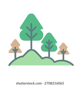 Ilustración estilizada de un bosque verde con árboles y colinas