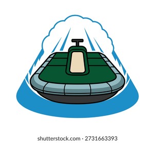 A stylized illustration of a green hovercraft with a blue cushion and a white cloud-like background with blue streaks.