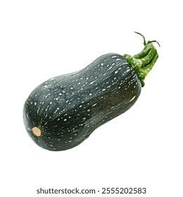 A stylized illustration of a green squash with a speckled surface.