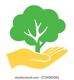 Ilustração estilizada de uma árvore verde com ramos segurados cuidadosamente em uma mão amarela aberta simbolizando cuidado e crescimento em uma superfície limpa