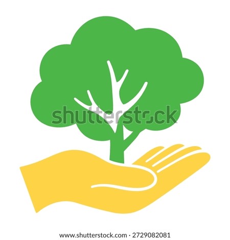 Stylized illustration of a green tree with branches held carefully in an open yellow hand symbolizing care and growth on a clean surface