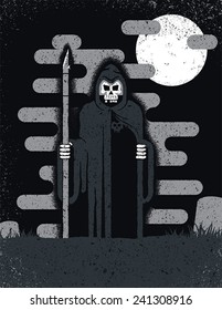 Stylized illustration of the Grim Reaper. Illustration is fully editable and has a place to add content underneath his cloak.