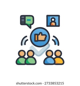 Stylized illustration of group consensus. Team communicates to accept with vote and validation. Flat design.
