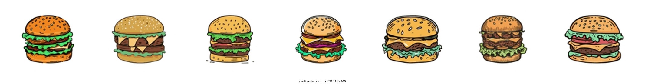 Stylized illustration of hamburger or cheeseburger. Fast food meal. Burger icon. flat color outline vector signs and symbols collection. Isolated on white background. 
