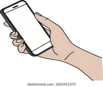 Ilustração estilizada de uma mão segurando um smartphone. O telefone tem uma tela branca em branco, perfeita para adicionar conteúdo personalizado ou sobreposições de texto. A mão é representada em um estilo simples e limpo com negrito 