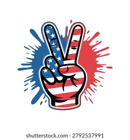 A stylized illustration of a hand making a peace sign, featuring the stars and stripes of the American flag, set against a vibrant blue and red paint splash.