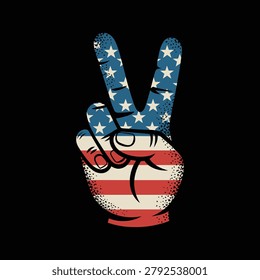A stylized illustration of a hand making a peace sign gesture, filled with the pattern of the American flag, featuring a vintage, distressed texture.