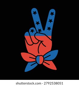 A stylized illustration of a hand making a peace sign, featuring a red and blue color scheme with star patterns and a decorative bow at the base.