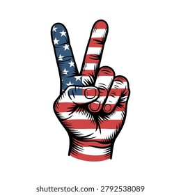 A stylized illustration of a hand making a peace sign gesture, featuring the pattern of the United States flag with stars and stripes.