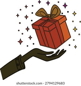 A stylized illustration of a hand offering a floating gift box wrapped with a decorative bow and stars around it.
