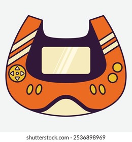 A stylized illustration of a handheld gaming device in orange and cream colors.