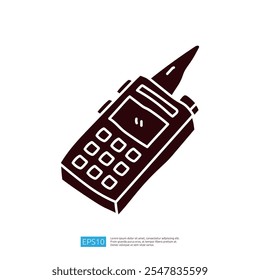 Ilustração estilizada de um dispositivo portátil de rádio ou comunicação, apresentando um teclado e uma antena, normalmente usada para comunicação bidirecional.