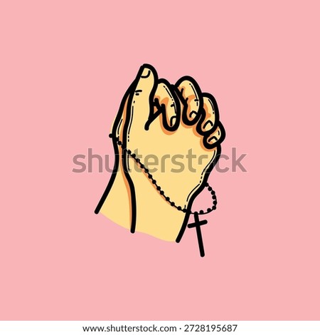 A stylized illustration of hands clasped in prayer, holding a beaded rosary with a hanging cross. The soft pink background evokes peace, spirituality, and devotion, suitable for religious and mindful