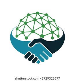 A stylized illustration of a handshake with a green network brain on a white background, representing partnership, intelligence, and innovation in a modern and sleek design