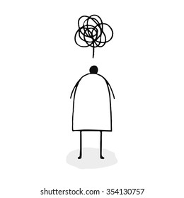 Stylized illustration of Hard thinking man. Doodle human thoughts. Confused man simple sketch