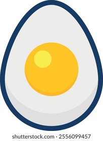 Stylized illustration of a hard-boiled egg cut in half. The egg has a white outer part and a yellow yolk in the center. Common food item