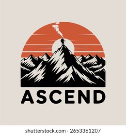 Ilustração estilizada de um andador no topo de um pico de montanha, situado contra um sol nascente com a palavra "ASCEND" abaixo.