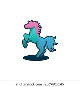 A stylized illustration of a horse standing on its hind legs with a gradient color scheme transitioning from pink at the head to blue at the tail