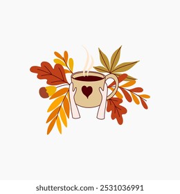 A stylized illustration of a hot beverage with autumnal leaves around it.