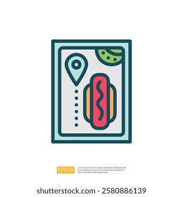 A stylized illustration of a hot dog with a location pin, suggesting a food delivery or map-related concept.