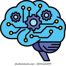 Stylized illustration of a human brain with integrated circuit pathways and gears, symbolizing artificial intelligence and advanced technology.
