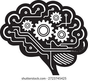 Stylized illustration of a human brain integrating mechanical gears and electronic circuitry representing advanced technology and intelligent systems in a single cohesive visual representation.