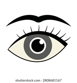 A stylized illustration of a human eye with a gray iris and black eyebrow on a white background