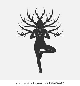 Stylized illustration of a human figure performing a yoga pose, featuring intricate tree branches as a symbolic headpiece, representing growth and harmony.