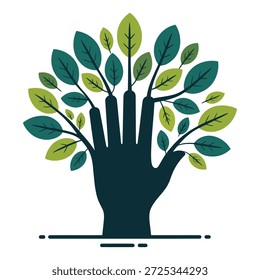 Una ilustración estilizada de una mano humana con ramas y hojas que crecen de sus dedos, simbolizando el crecimiento, la naturaleza y la conexión.