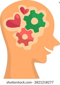 A stylized illustration of a human head in profile, featuring interconnected gears and hearts within, symbolizing the interplay of logic, thought, and emotion in the mind.